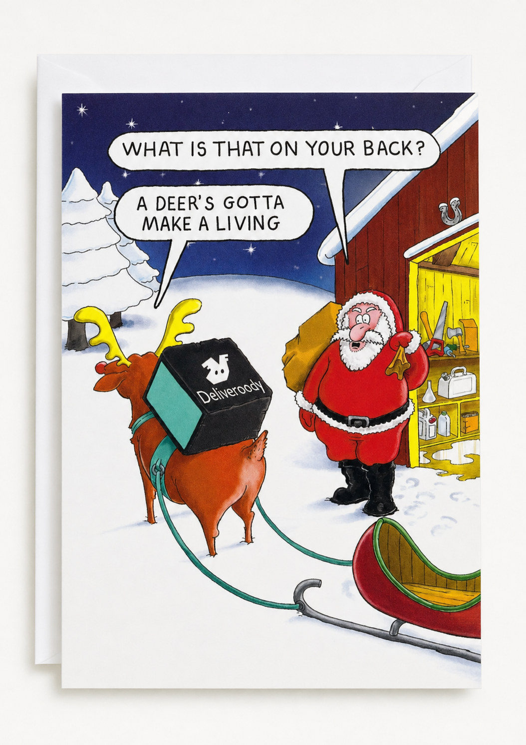 Paperlink funny Christmas card with Santa and deer Deliveroody joke, white envelope