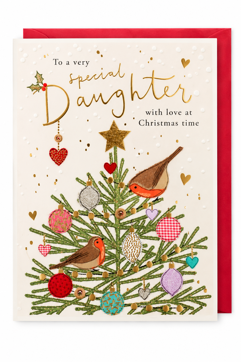 Special Daughter Christmas card front with gold foil lettering robins and decorated Christmas tree