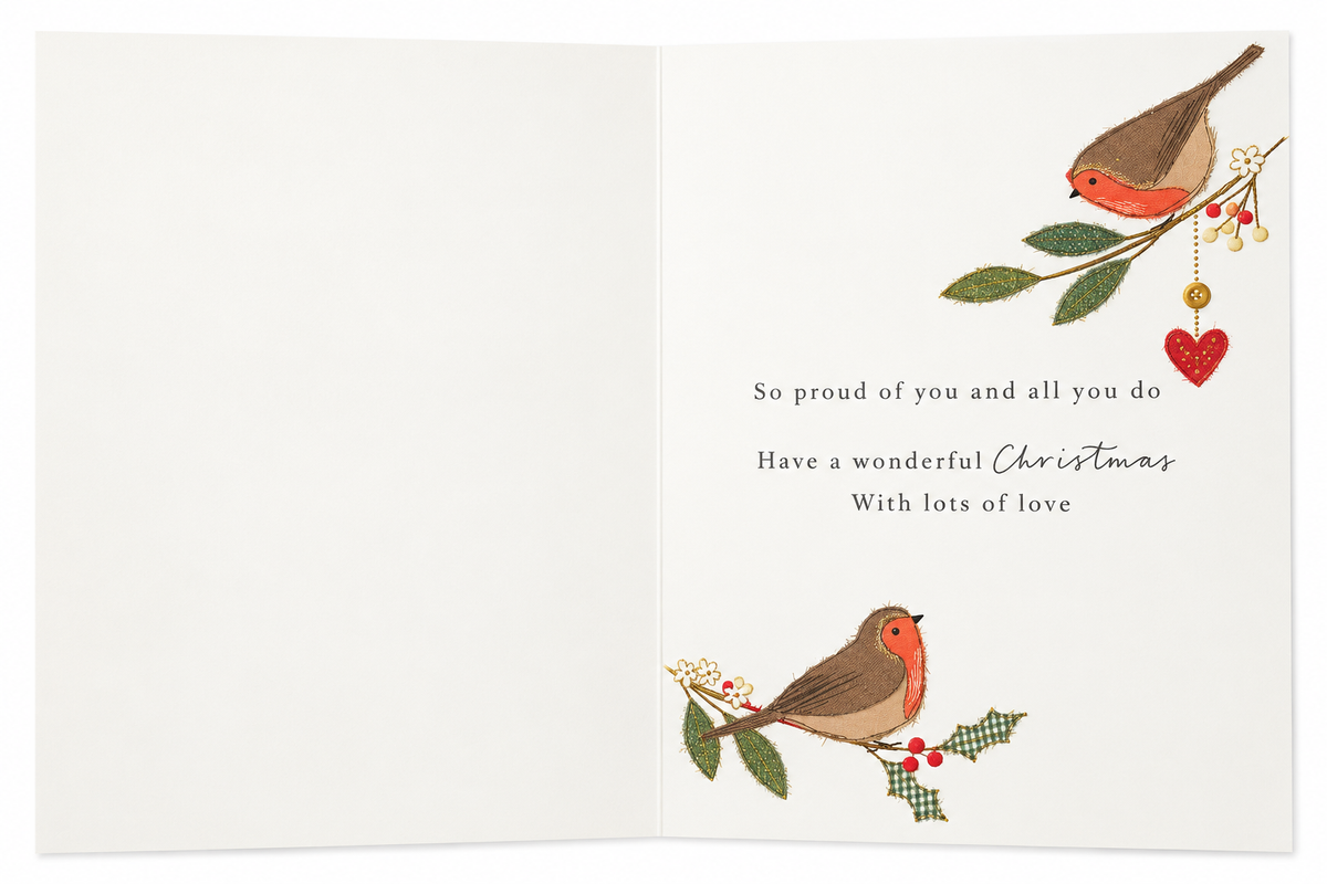 Inside verse of Special Daughter Christmas card with robins and loving Christmas message