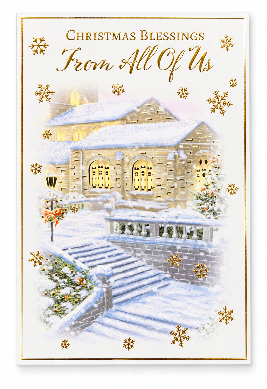 Poppy Hill From All of Us Christmas card with snowy church, gold foil and red envelope