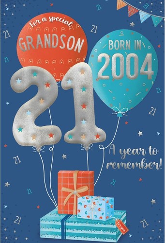 IC&G tri-fold 21st birthday card front showing "For a special Grandson" with gold "21" balloons and "BORN IN 2004" with "A year to remember!" text, colorful bunting and gift boxes on blue background
