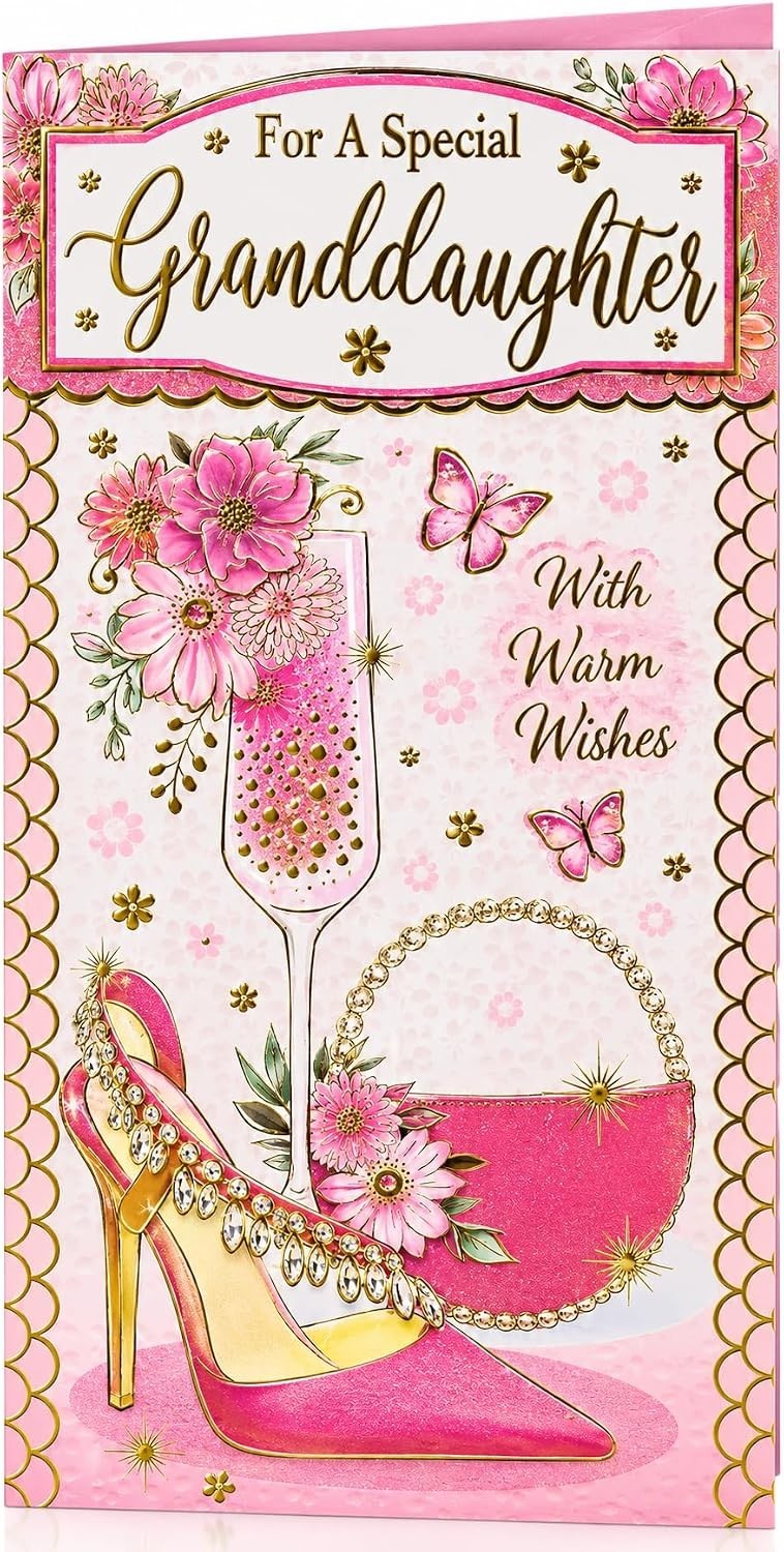 Front of Sensations special granddaughter birthday card with pink flowers, butterflies, handbag and gold lettering