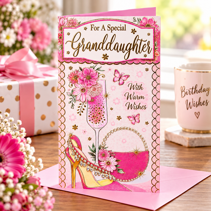 Lifestyle photograph of special granddaughter birthday card with pink floral design and gold lettering beside birthday gifts