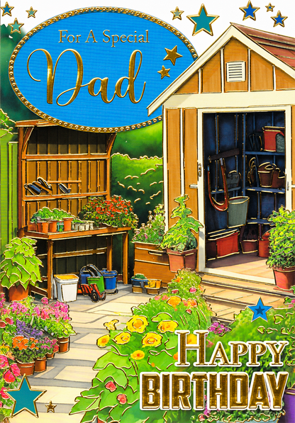 Sensations For A Special Dad Happy Birthday card with garden shed design and gold foil, 13 x 19cm