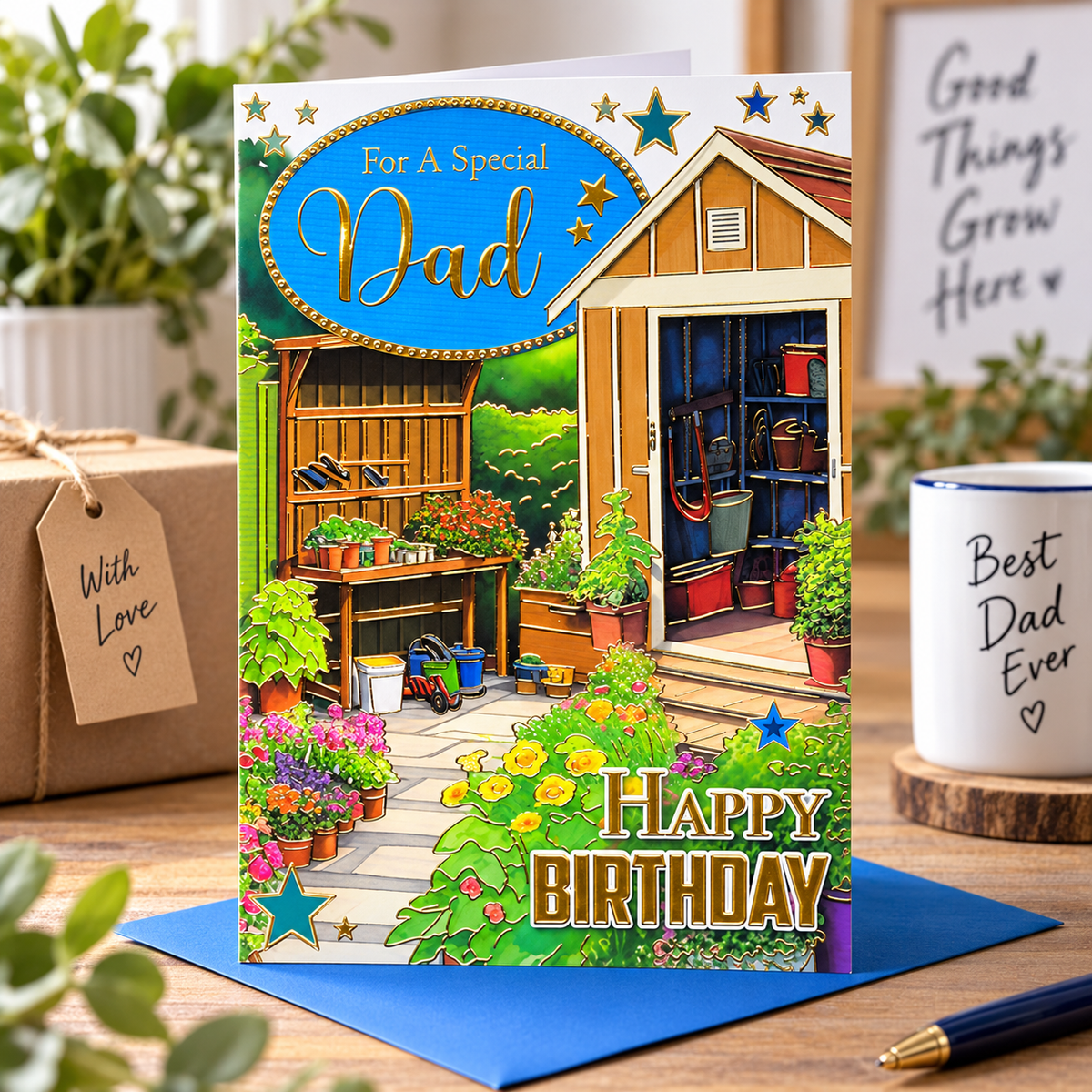 Sensations Special Dad birthday card displayed with blue envelope in a garden-themed lifestyle setting