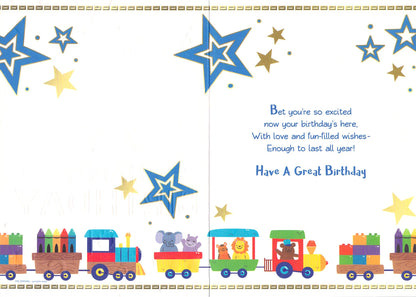 Great-Grandson Birthday Card – Train & Animal Design with Gold Foil
