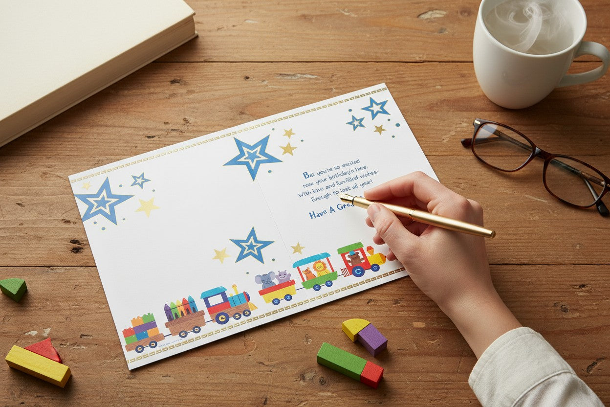 Great-Grandson Birthday Card – Train & Animal Design with Gold Foil