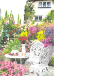 Load image into Gallery viewer, Outdoor Scene with patio chairs and table. Set with vase of flowers on one side, left blank on the right for your own message
