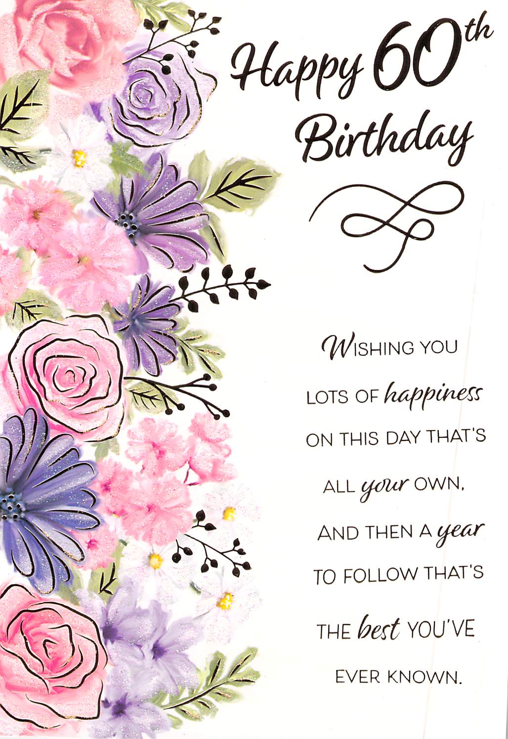 This Age 60 - 60th Birthday - Gold / Pink & Purple Flowers - Greeting Card - Free Postage is a priced at £ 2.39 from Made To Be Treasured range. Produced by Poppy Hill for excellent quality