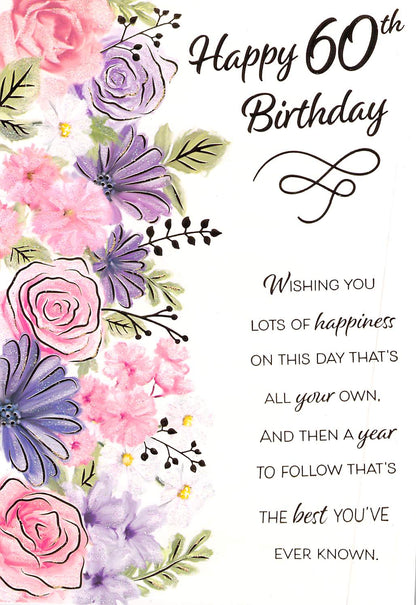 This Age 60 - 60th Birthday - Gold / Pink & Purple Flowers - Greeting Card - Free Postage is a priced at £ 2.39 from Made To Be Treasured range. Produced by Poppy Hill for excellent quality