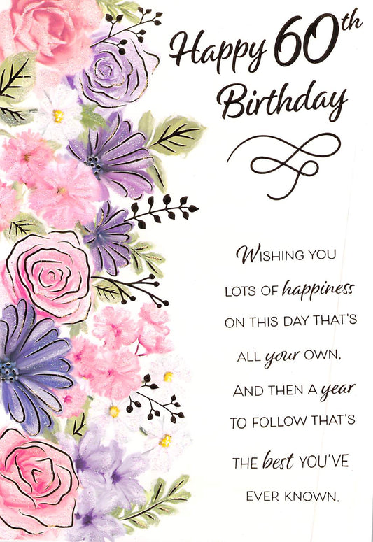 This Age 60 - 60th Birthday - Gold / Pink & Purple Flowers - Greeting Card - Free Postage is a priced at £ 2.39 from Made To Be Treasured range. Produced by Poppy Hill for excellent quality