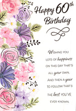 Load image into Gallery viewer, Age 60 - 60th Birthday - Gold /  Pink &amp; Purple Flowers - Greeting Card - Free Postage
