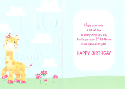 1st Birthday - Age 1 - Pink - Animals - Greeting Card - Multibuy