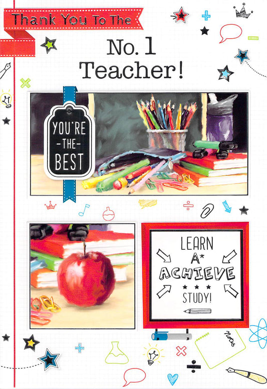 Front cover of teacher appreciation card featuring classroom scene with colorful pencils, books, red apple, "You're The Best" tag and "Learn Achieve Study" motivational text with "Teacher!" heading
