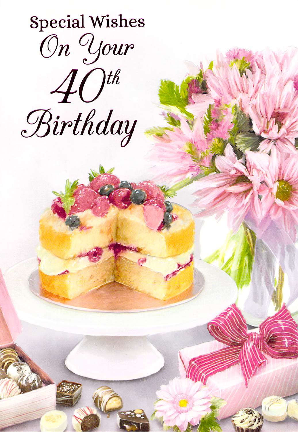 Age 40 - 40th Birthday - Greeting Card - Cake / Flowers