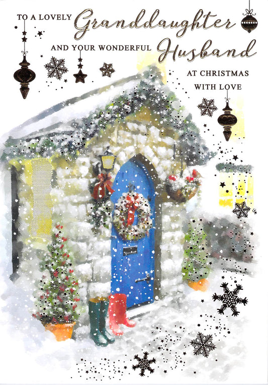 This Christmas - Granddaughter & Husband - Snow Door - Greeting Card is a Christmas Card priced at £ 3.09 from Made To Be Treasured range. Produced by Words & Wishes for excellent quality