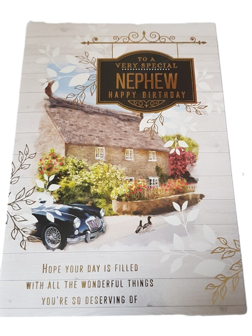 Birthday - Nephew - Cottage & Car - Greeting Card