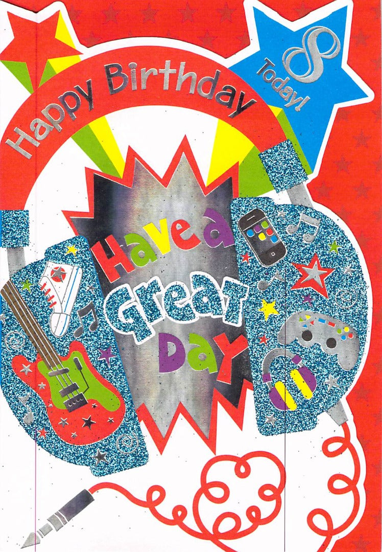 Birthday - Age 8 - Guitar - Greeting Card - Free Postage