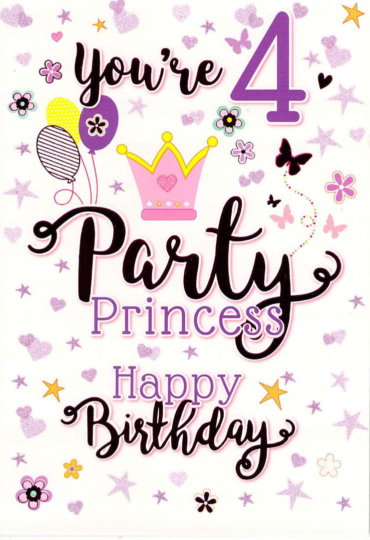 Birthday - Age 4 - Party Princess - Greeting Card - Free Postage