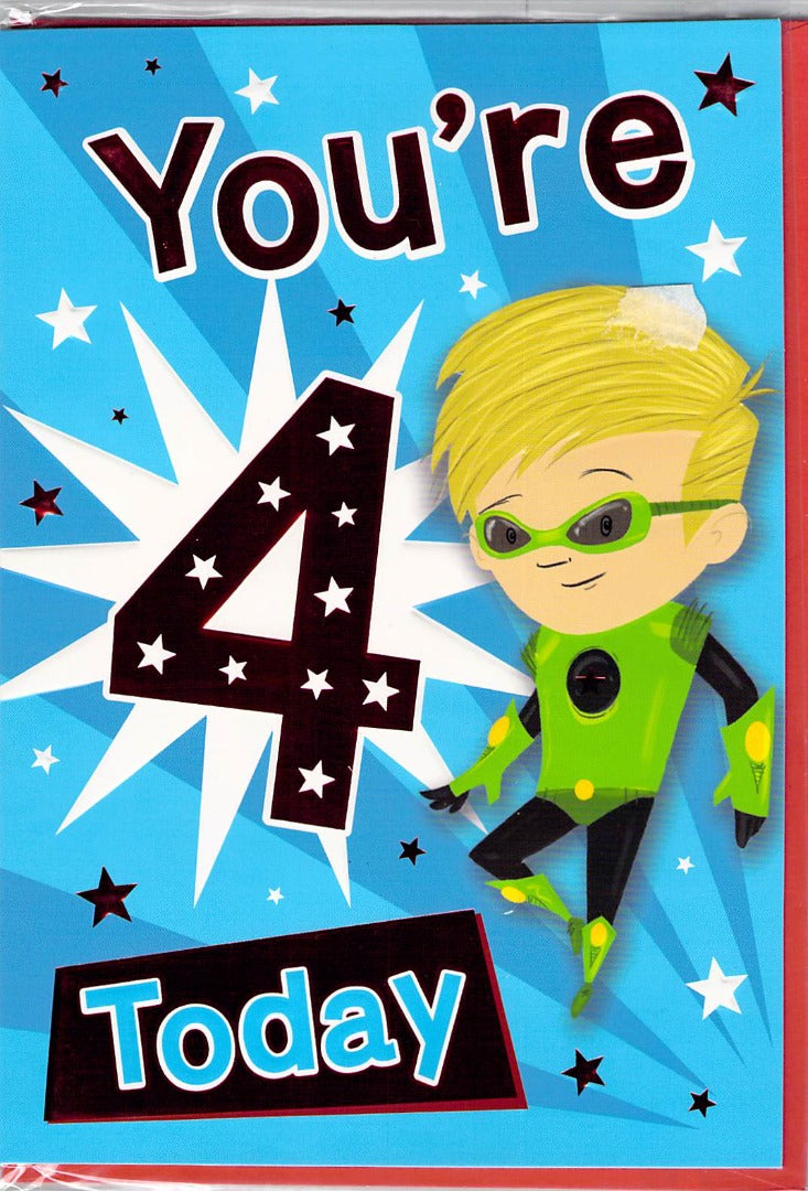 Birthday - Age 4 - Superhero - Greeting Card - Free Postage