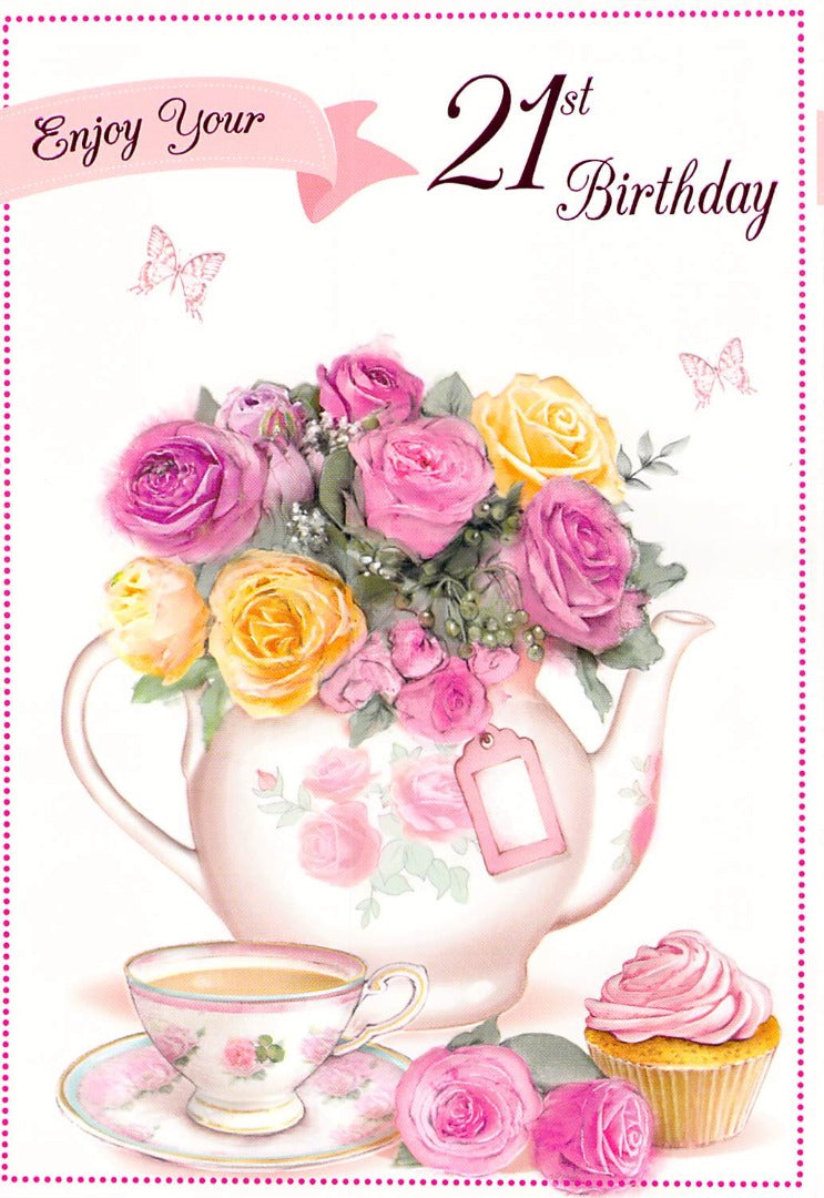 21st Birthday - Age 21 - Teapot Flowers - Greeting Card - Free Postage