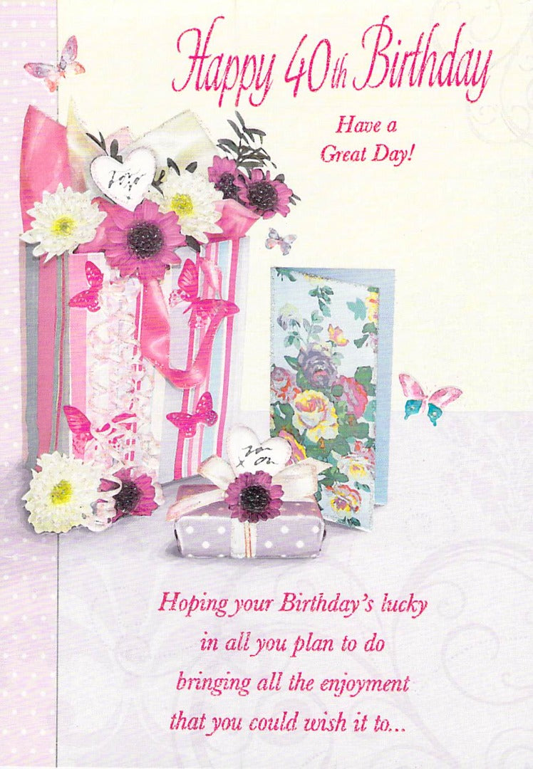 40th Birthday - Age 40 - Presents/Butterfly - Greeting Card - Free Postage