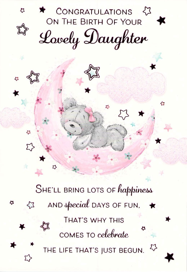Birth - Daughter - Bear on Moon - Greeting Card - Free Postage
