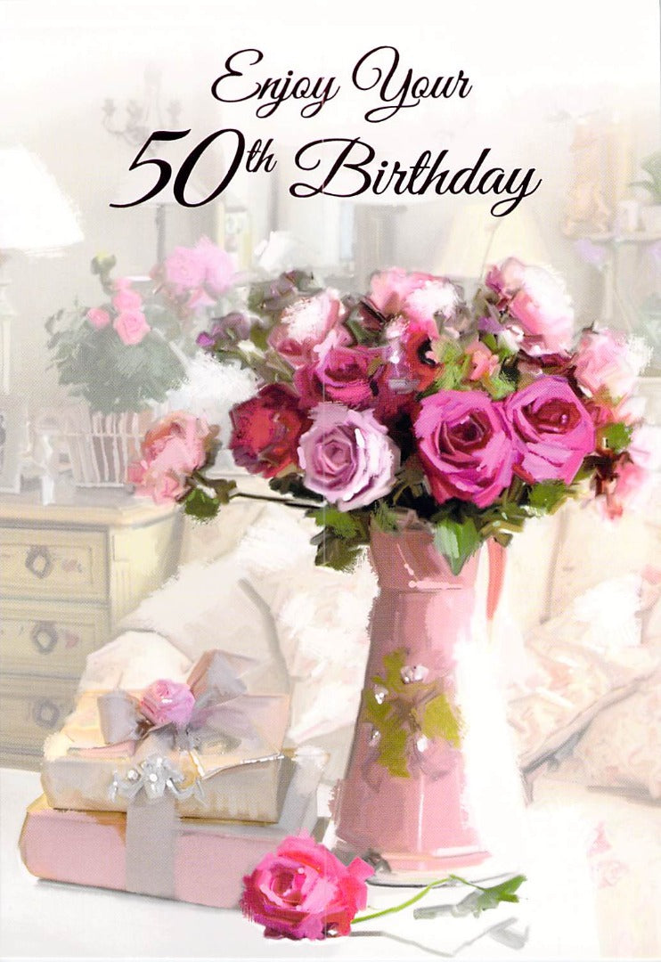 50th Birthday - Age 50 - Vase  - Greeting Card - Free Postage