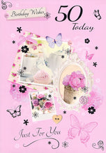 Load image into Gallery viewer, 50th Birthday - Age 50 - Flowers/Cake - Greeting Card - Free Postage
