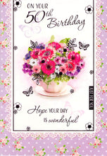 Load image into Gallery viewer, 50th Birthday - Age 50 - Flowers/Teacup - Greeting Card - Free Postage

