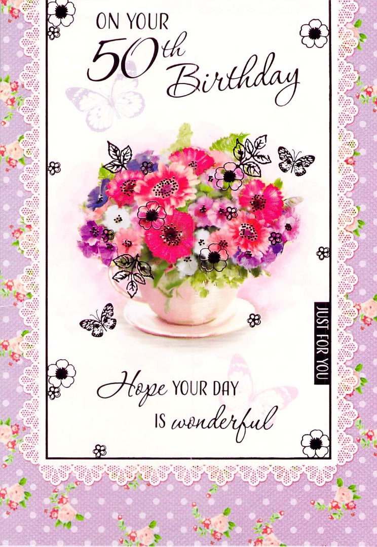 50th Birthday - Age 50 - Flowers/Teacup - Greeting Card - Free Postage