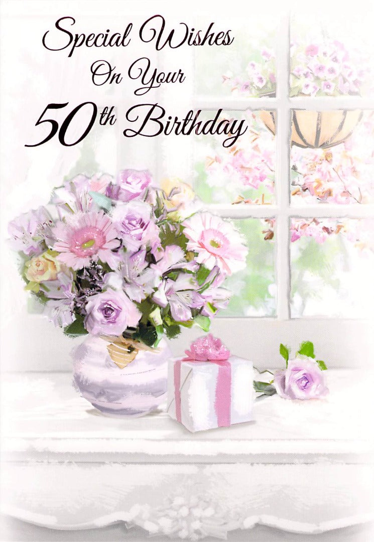 50th Birthday - Age 50 - Flowers/Windowsill - Greeting Card - Free Postage