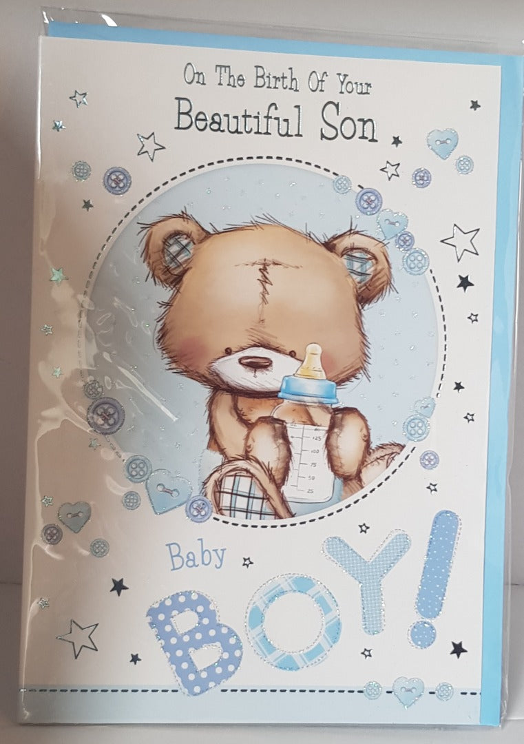 Birth  - Son - Bear/Bottle - Greeting Card - Free Postage