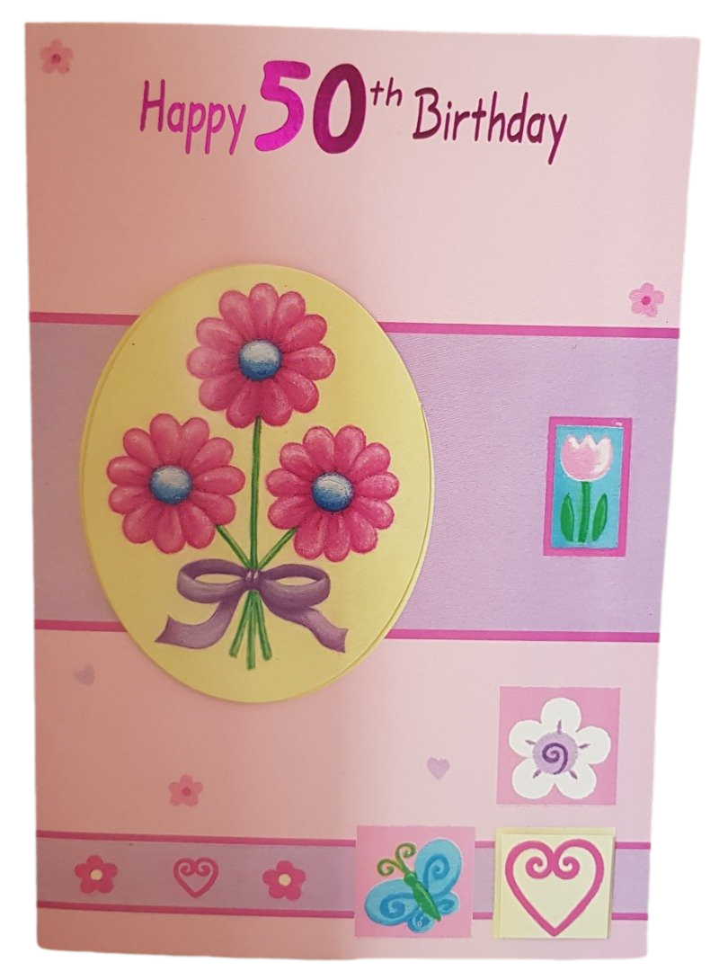 50th Birthday - Age 50 Pink/Flowers - Greeting Card