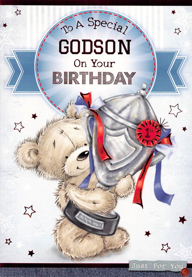 Birthday - Godson - Holding Trophy - Greeting Card - Free Postage