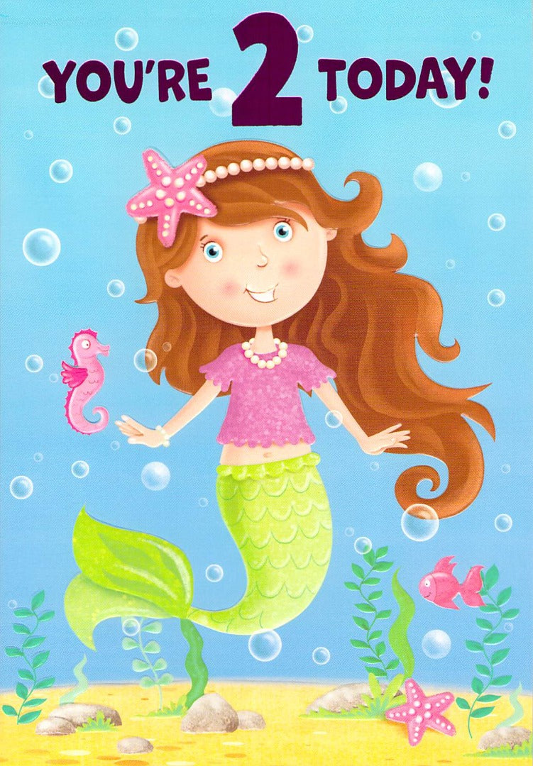Age 2 - 2nd Birthday - Mermaid / Starfish - Greeting Card - Free Postage