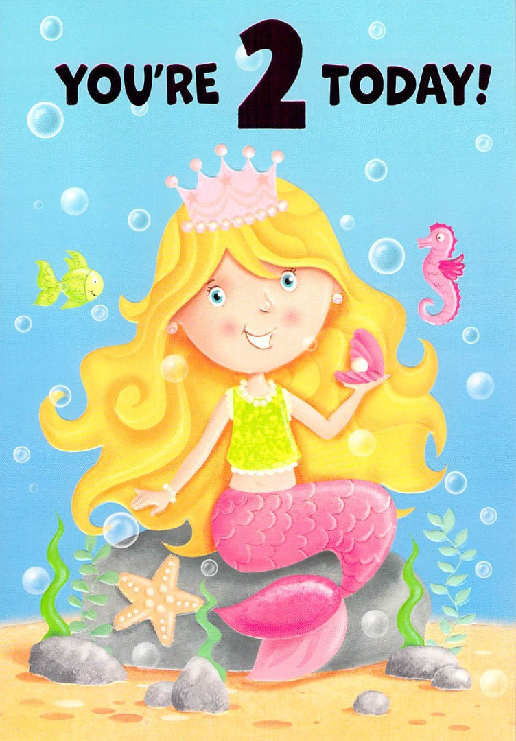 Age 2 - 2nd Birthday - Mermaid / Crown - Greeting Card - Free Postage