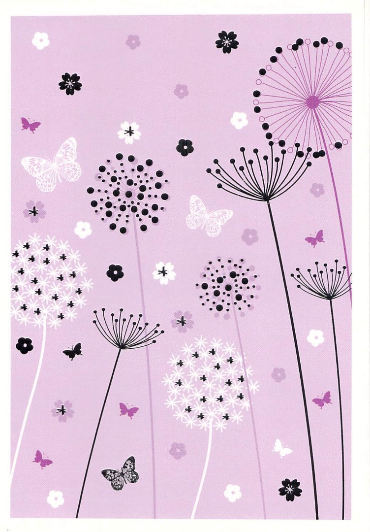 Blank - Silver / Purple Flowers - Greeting Card - Free Postage