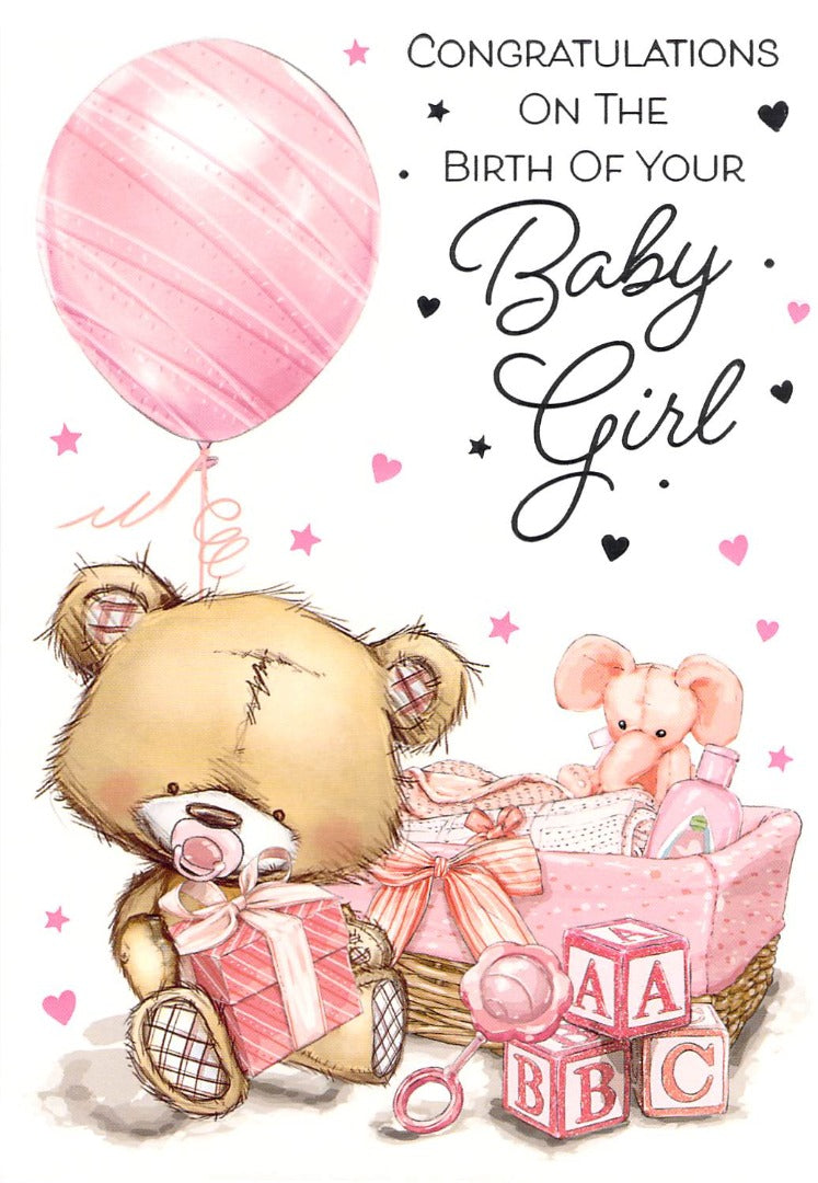 Birth - Baby Girl  - Bear  / Balloon -  Greeting Card