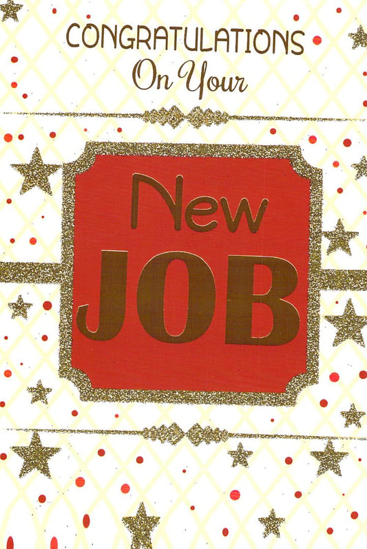 New Job Congratulations Card - Gold Glitter Stars & Red Polka Dots Greeting Card