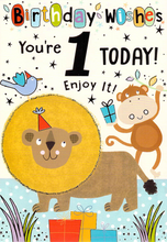 Load image into Gallery viewer, Age 1 - First Birthday - Lions / Monkey - Greeting Card
