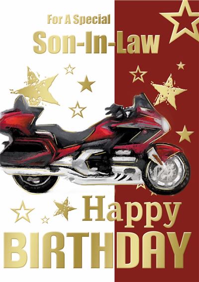 Son In Law Birthday - Red Motorbike - Gold Foil - Greeting Card