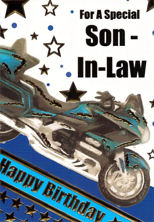 This Son In Law Birthday - Blue Motorbike - Gold Foil - Greeting Card is a Greeting Card priced at £ 1.79 from Made To Be Treasured range. Produced by Generic for excellent quality