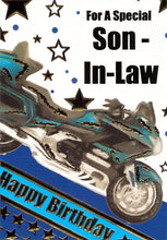 Load image into Gallery viewer, Son In Law Birthday - Blue Motorbike - Gold Foil - Greeting Card
