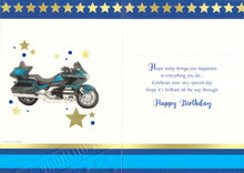 Load image into Gallery viewer, Son In Law Birthday - Blue Motorbike - Gold Foil - Greeting Card
