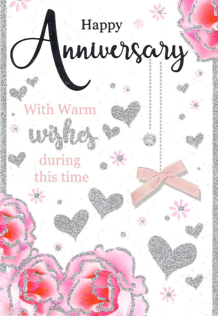 Happy Anniversary  - Pink / Silver Glitter  - Silver  Foil - Greeting Card