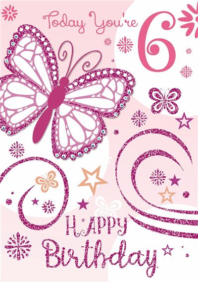 6th Birthday - Girl - Pink Foil - Butterfly - Greeting Card