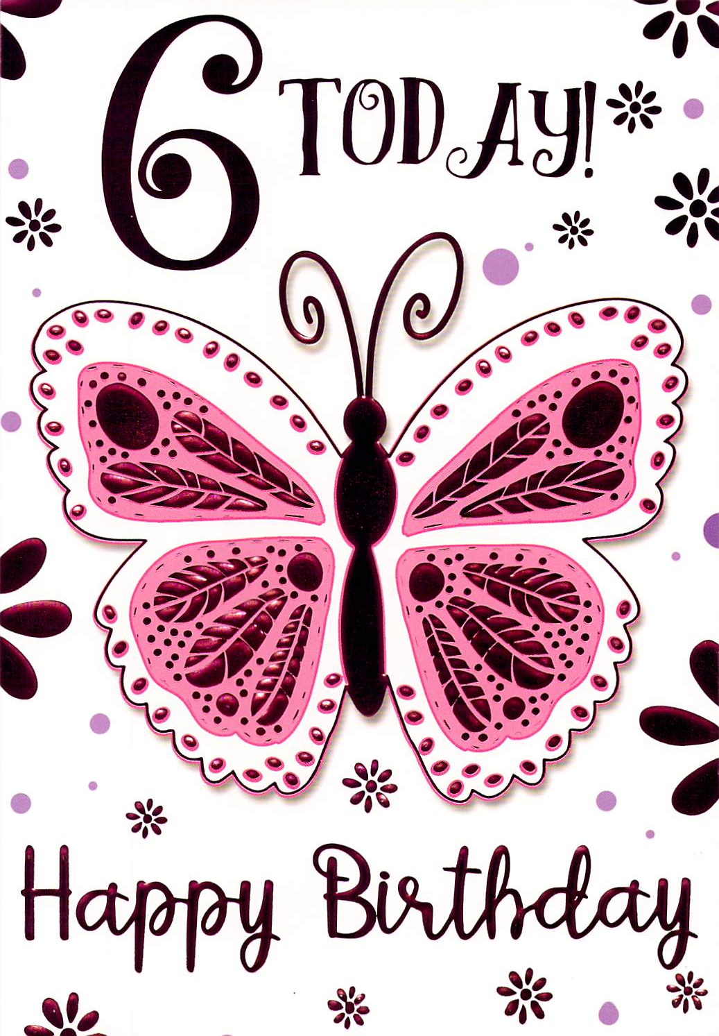 6th Birthday - Age 6 - Butterfly - Pink Foiled - Greeting Card