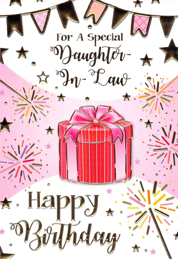 Daughter In Law - Birthday - Gold / Pink Present - Greeting Card