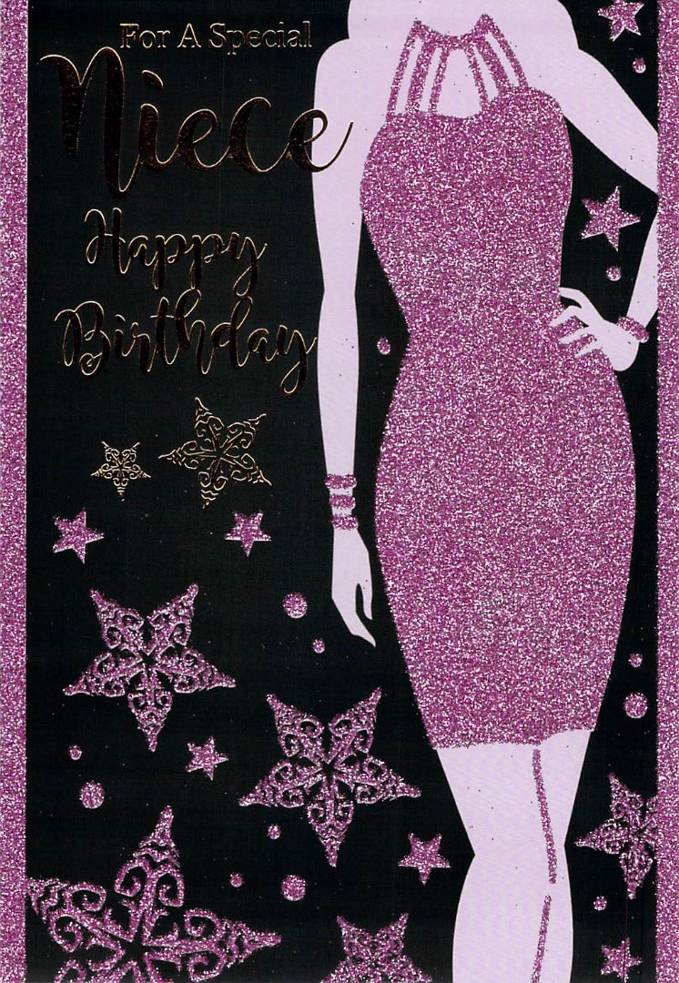 Niece  - Birthday - Black / Purple Glitter - Greeting Card